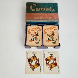 Vintage W P Co Canasta Double Deck Cards & Plastic Tray Puppy with Sombrero